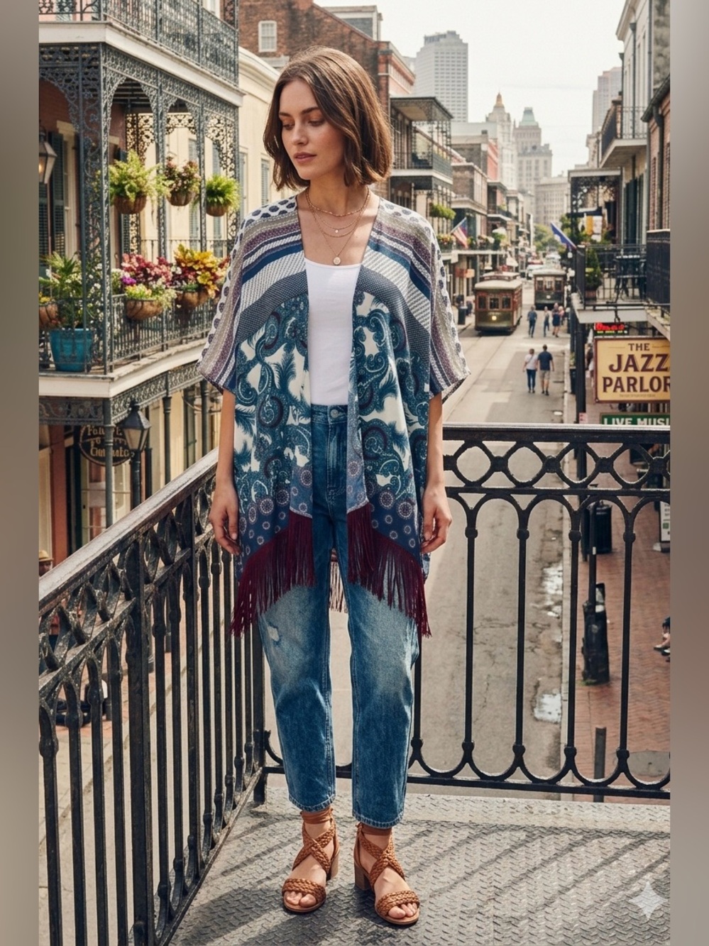 A.Gain Teal Paisley Open-Front Kimono with Fringe